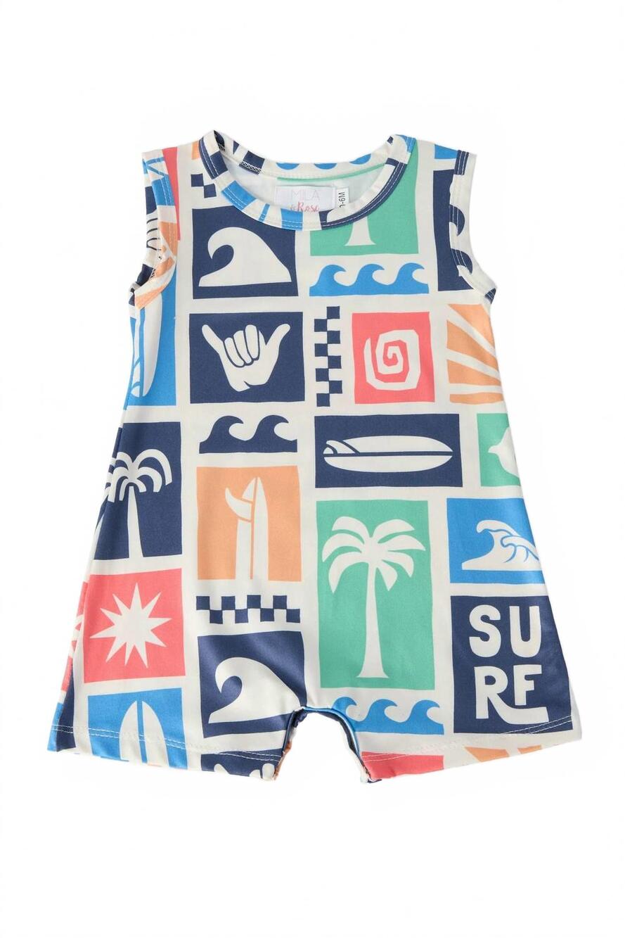 NEW MILA & ROSE kids surf's up shorty romper in multi